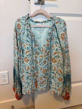 &merci Colorful Floral Boho Tie-Neck Balloon Sleeve Blouse